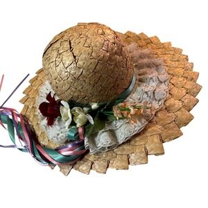 Cottagecore Straw Hat Womens OS Tan Lace Coquette Floral Victorian Style Prairie